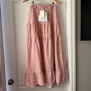 NWT FRNCH pink/rose plaid tiered ruffle Molly Maxi Skirt. Size S. side zip
